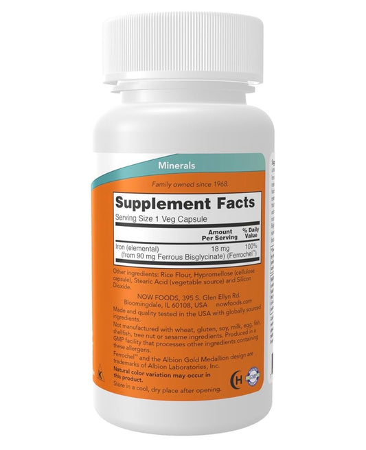 NOW Iron 18mg | Ferrochel Iron Bisglycinate | Non-Constipating | Supports Energy Production, Immune System Function & Neurological Health | 120 Capsules; 06/2030