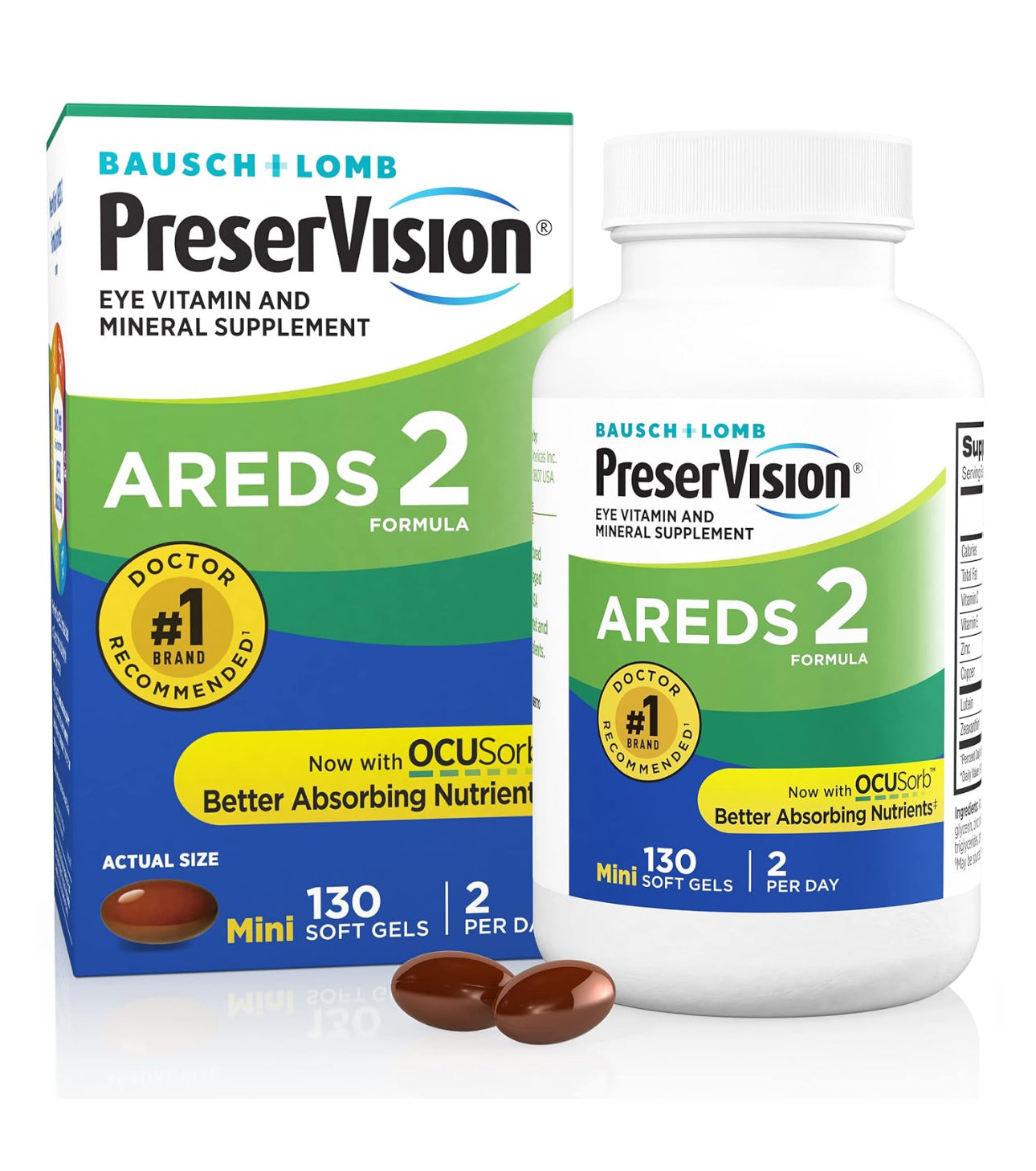 PreserVision AREDS 2 (By Bausch + Lomb) | Eye Vitamin & Mineral Supplement | 65 Day Supply | Contains Lutein, Vitamin C, Zeaxanthin, Copper, Zinc & Vitamin E | 130 Mini Softgels; Exp 09/2025