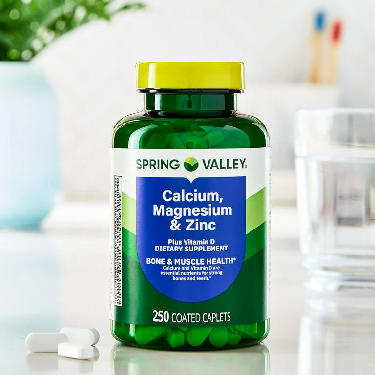 Spring Valley Calcium, Magnesium & Zinc Plus Vitamin D3 | Supports Bone & Muscle Health | 250 Caplets; Exp 03/2027 (New Look)