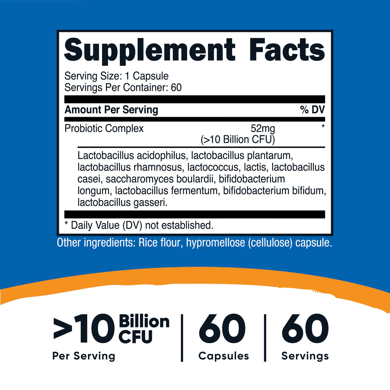 Nutricost Probiotic Complex, >10 Billion CFU | 10 Strains including Lactobacillus acidophilus | 60 Capsules; Exp 09/2027