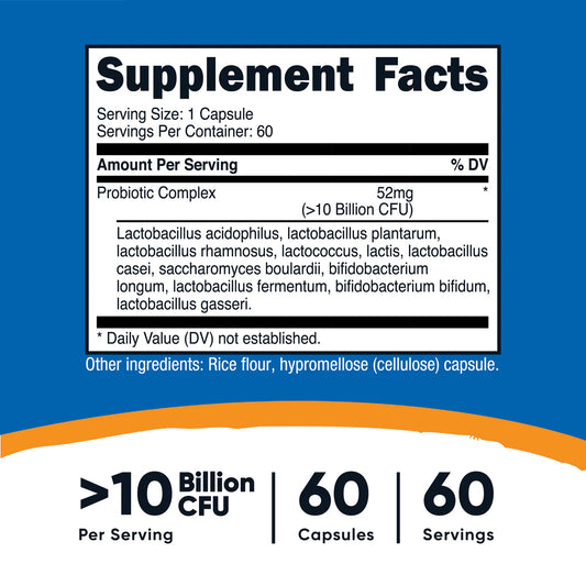 Nutricost Probiotic Complex, >10 Billion CFU | 10 Strains including Lactobacillus acidophilus | 60 Capsules; Exp 09/2027