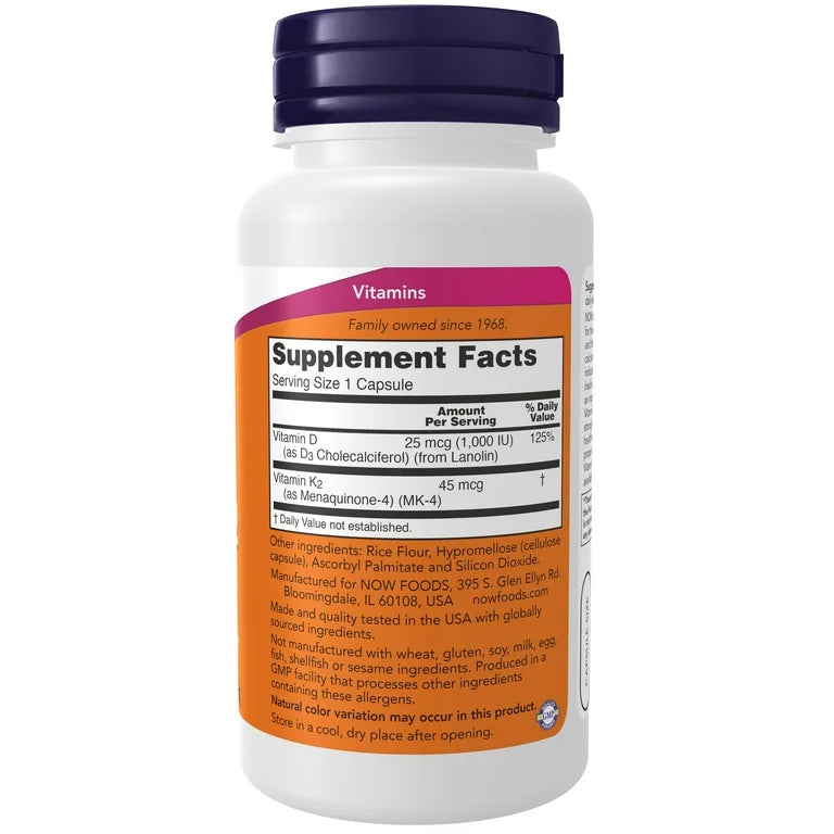 NOW Vitamin D3 & K2 | Vitamin D3 1,000iu (25mcg) & K2 45mcg (MK-4) | Supports Bone & Cardiovascular Health | 120 Capsules; Exp 11/2027