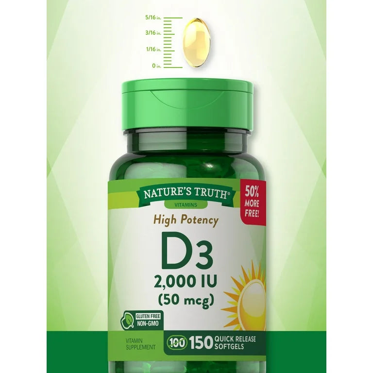 Nature's Truth Vitamin D3 2000iu (50 mcg) | High Potency | Supports Immune System, Hormone Health, Bone & Joint Health | 150 Softgels Exp 09/2025