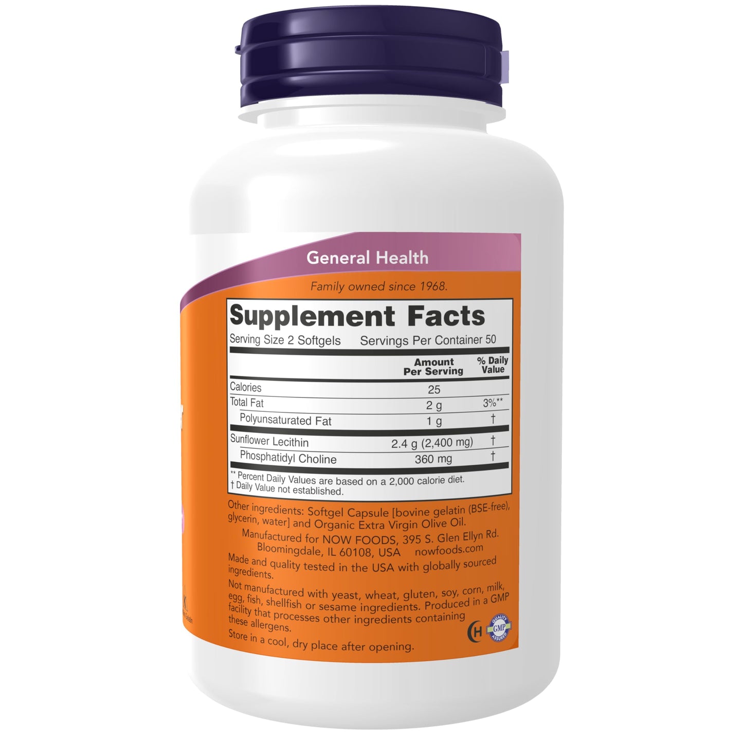NOW Sunflower Lecithin 1200mg with Phosphatidyl Choline | Supports Nervous System Function | 100 Softgels; Exp 11/2028