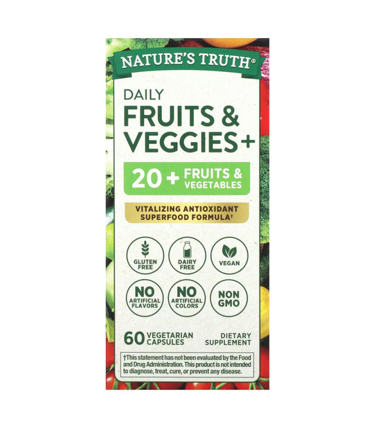 Nature's Truth Super Fruits and Veggies | Vitalizing Antioxidant Superfood Formula | 60 Vegetarian Capsules; Exp 09/2026
