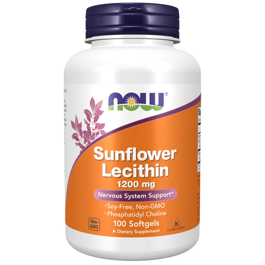 NOW Sunflower Lecithin 1200mg with Phosphatidyl Choline | Supports Nervous System Function | 100 Softgels; Exp 11/2028