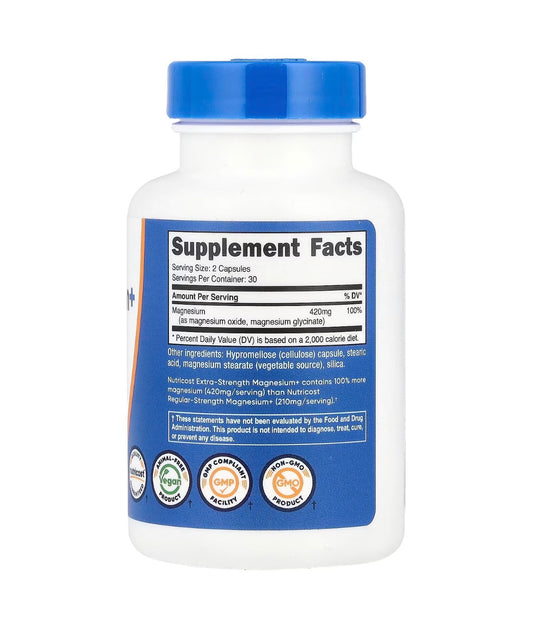 Nutricost Magnesium+ 420mg (Extra Strength) | Magnesium Glycinate & Magnesium Oxide | 60 Capsules; Exp 07/2028