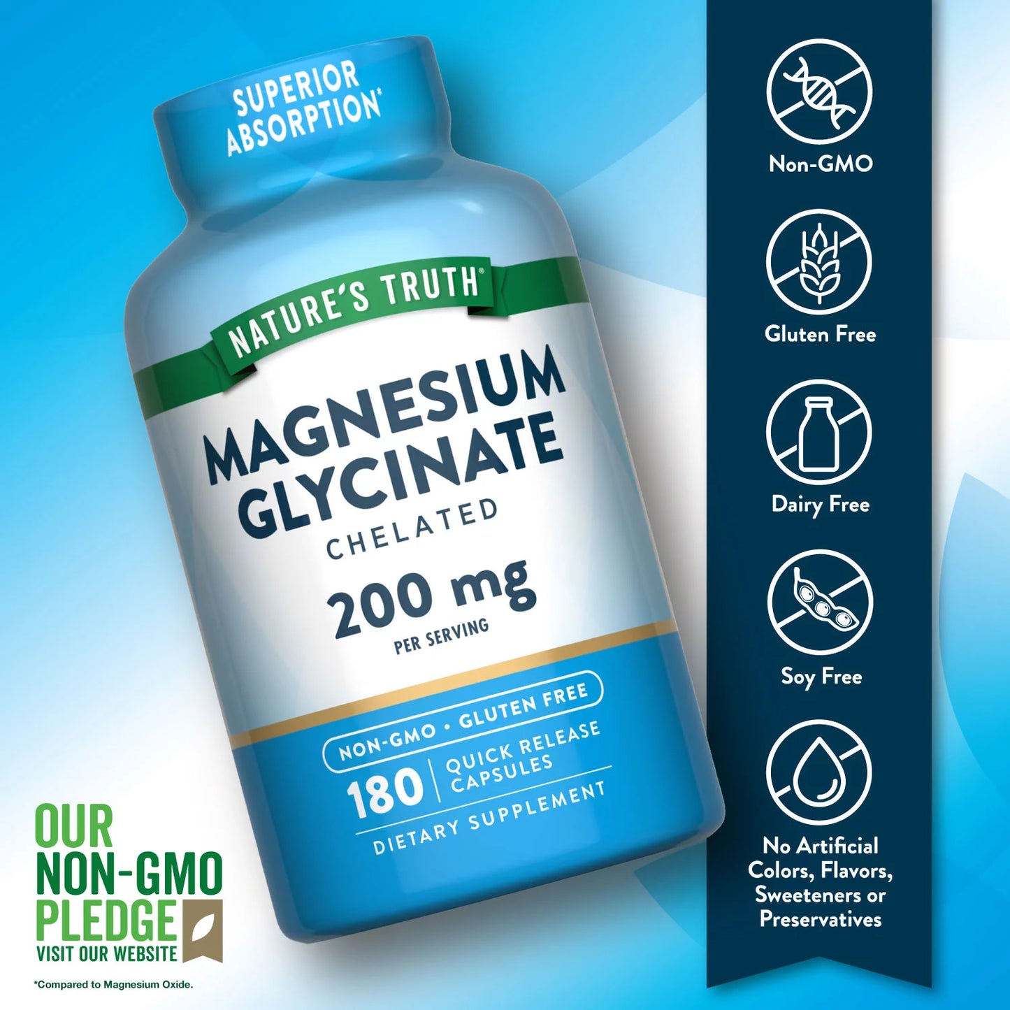 Nature's Truth Superior Absorption Magnesium Glycinate 200mg | Buffered and Chelated | 180 Quick Release Capsules; Exp 12/2026