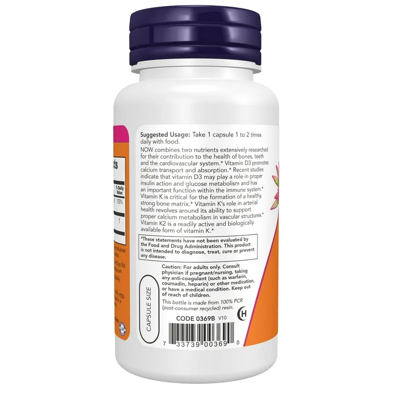 NOW Vitamin D3 & K2 | Vitamin D3 1,000iu (25mcg) & K2 45mcg (MK-4) | Supports Bone & Cardiovascular Health | 120 Capsules; Exp 11/2027