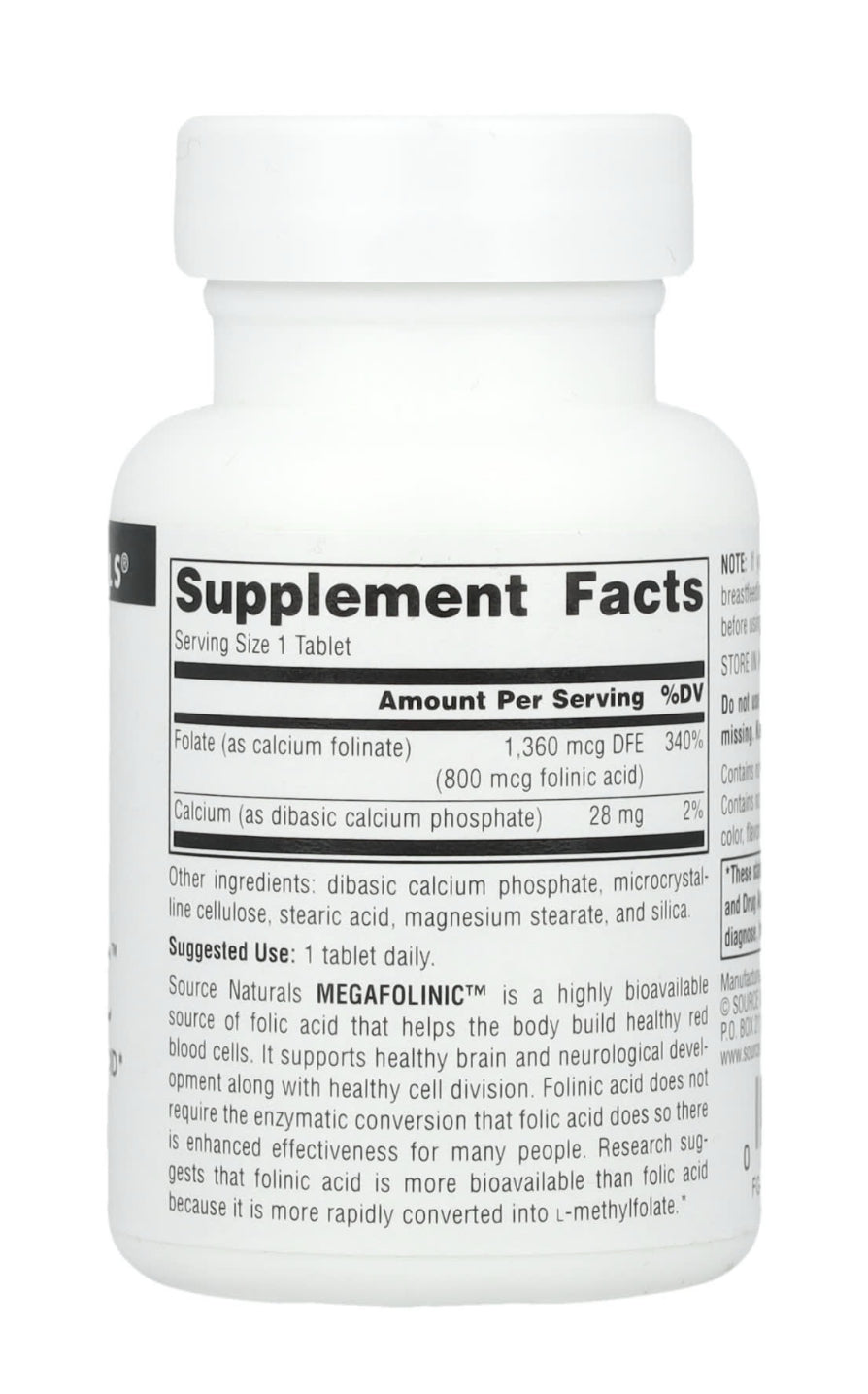 Source Naturals Mega Folinic |Acid 800 mcg | Bioactive Form of Folic Acid | Helps Build Healthy Red Blood Cells | Supports Healthy Brain & Neurological Development and Healthy Cell Division | 120 Tablets; Exp 01/2029