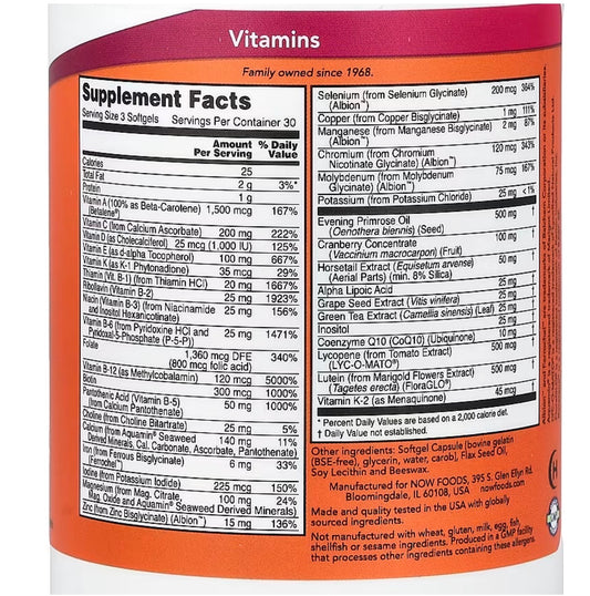 NOW Eve™ Superior Women's Multivitamin with Evening Primrose, Cranberry, Ferrochel, Green Tea, Zinc Bisglycinate, Horsetail Silica, CoQ10 & More | 90 Softgels; Exp 05/2028