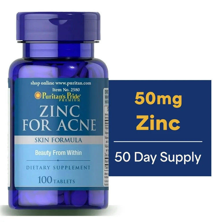 Puritan's Pride Zinc for Acne | with Vitamins A, C, E, B6 & Rose Hips | For Clearer, Healthier Skin for People With Non-Cystic Acne | 100 Tablets; Exp 08/2027