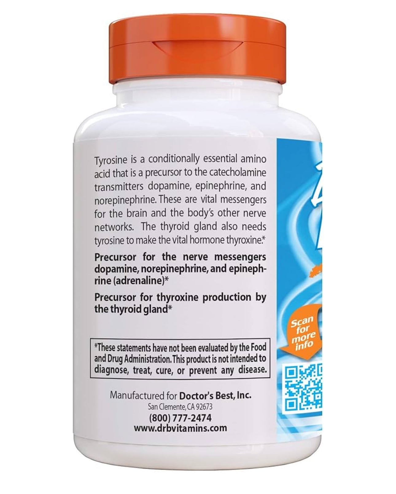 Doctors Best L-Tyrosine 500mg | Brain Transmitter Support | Improves Mood | Promotes Healthy Thyroid Function | 120 Veggie Capsules; Exp 02/2027