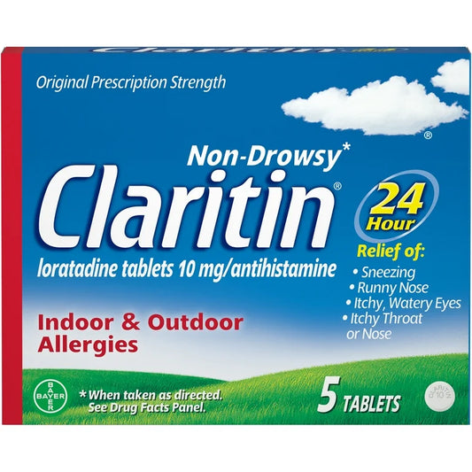 Claritin 24 Hour Non-Drowsy Allergy-Relief | Loratadine 10mg Antihistamine | For Adults and Children Ages 6+ | 5 Tablets Exp 12/2025