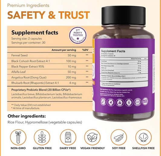 Intimate Rose Menopause Synbiotic with Black Cohosh, Dong Quai, Rhubarb Root, Prebiotic & Probiotic 20 Billion CFU | Complete Menopause & Perimenopause Support | Helps Easing Hot Flashes, Night Sweats, Restful Sleep | 60 Capsules; Exp 10/2027