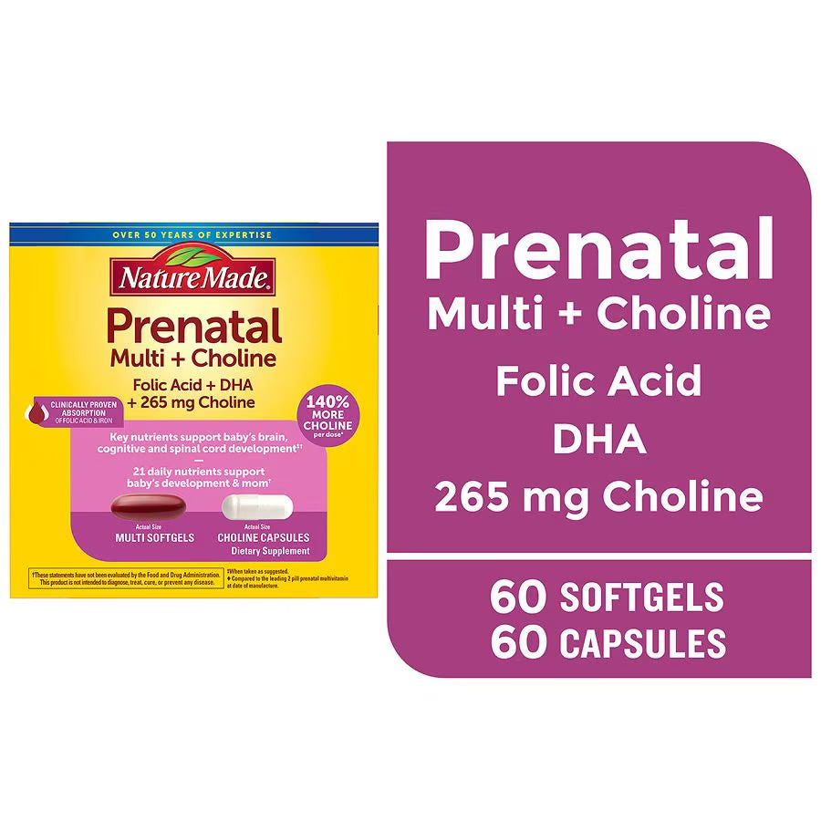 Nature Made Prenatal Multivitamin Softgels + Choline Capsules | Folic Acid + DHA + Choline | 60 Day Supply; Exp 08/2025