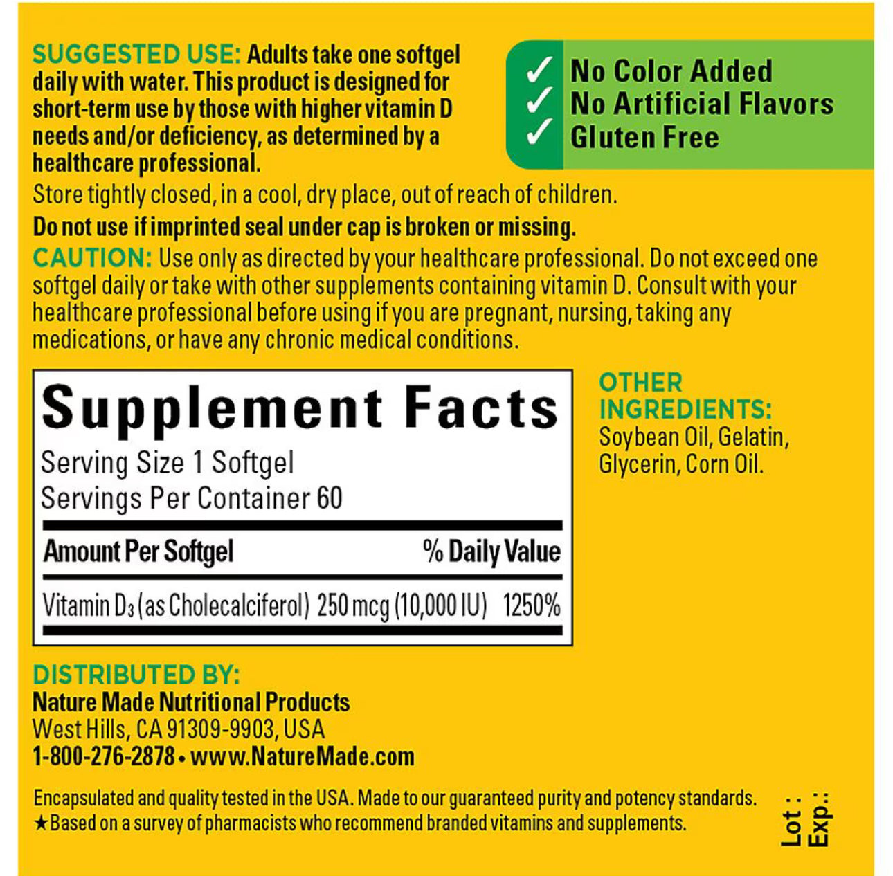 Nature Made Maximum Strength Vitamin D3 10000iu (250 mcg) | 60 Day Supply | Designed for Short-Term Use by Those With Higher Vitamin D Needs and/or Deficiency | 60 Softgels; Exp 10/2025