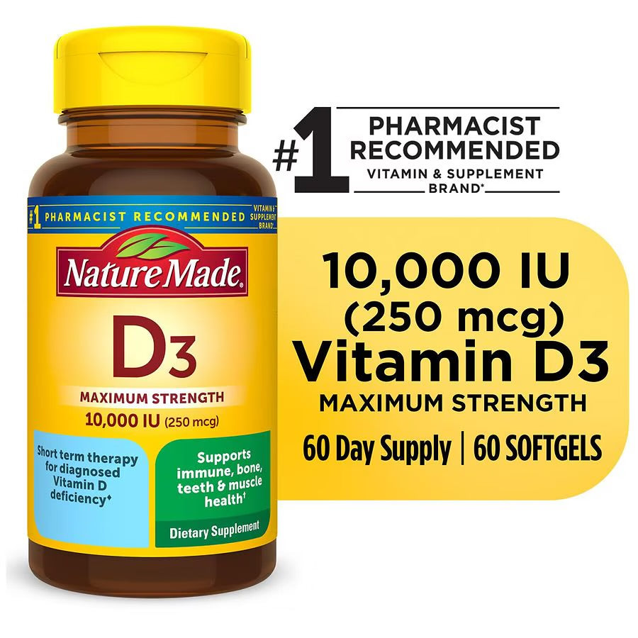 Nature Made Maximum Strength Vitamin D3 10000iu (250 mcg) | 60 Day Supply | Designed for Short-Term Use by Those With Higher Vitamin D Needs and/or Deficiency | 60 Softgels; Exp 10/2025