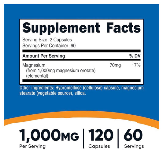 Nutricost Magnesium Orotate 1000mg | Optimal Absorption | Helps Maintain Bone Health, Muscle & Nerve Function | 120 Capsules; Exp 08/2028