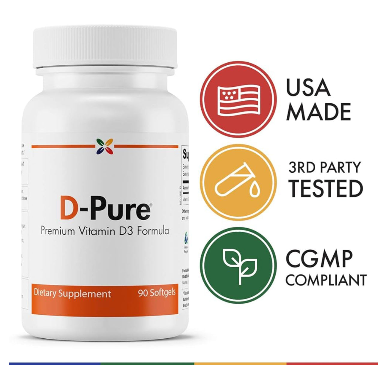 Stop Aging Now D-Pure Vitamin D 3 125mcg (5000 IU) with Safflower Oil | 90 Day Supply | Supports Hormone, Muscle, Teeth, Bone, Heart & Immune | 90 Softgels; Exp 09/2025