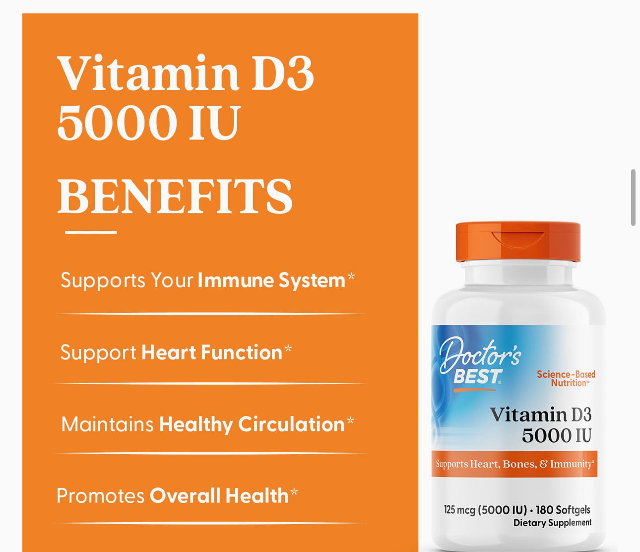 Doctor's Best Vitamin D3 5000iu (125 mcg) | for Healthy Bones, Teeth, Heart and Immune Support | 180 Softgels; ❗️Exp UNCLEAR 05/2027 batch(See last picture)