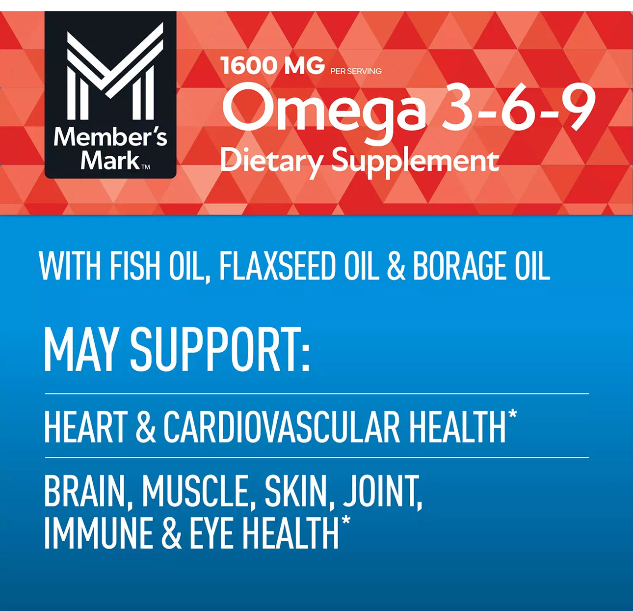 Member’s Mark Omega 3-6-9 1600mg | with Fish Oil, Borage and FlaxSeed Oils | Supports Heart, Brain, Muscle, Skin, Joint, Immune & Health | For Proper Nervous System Function | 325 Softgels; Exp 10/2026