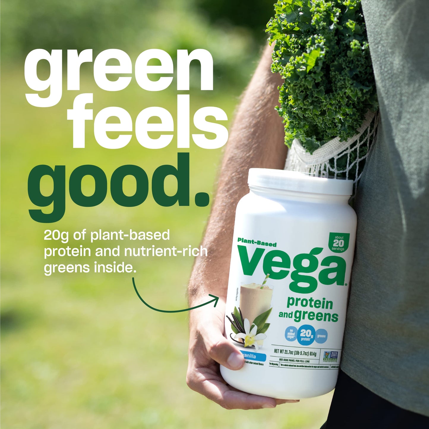 Vega Protein and Greens Protein Powder | 20g Plant Based Protein Plus Veggies | Vegan | Pea Protein for Women and Men | 18 Servings | VANILLA 1.2lbs/526g; Exp Aug/2025