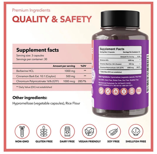 Intimate Rose Berberine + Ceylon Cinnamon & Chromium GTF | Berberine HCL 1000 mg, Ceylon Cinnamon Extract (10:1) 500 mg, Chromium Polynicotinate 1000 mcg | 90 Capsules; Exp 10/2027