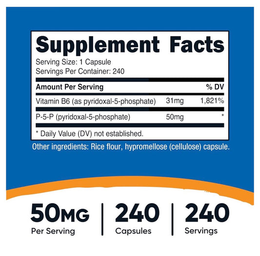 Nutricost 50mg P-5-P (Pyridoxal-5-Phosphate) Coenzymated Vitamin B6 | P5P 50mg Per Capsule | 240 Capsules; Exp 03/2029
