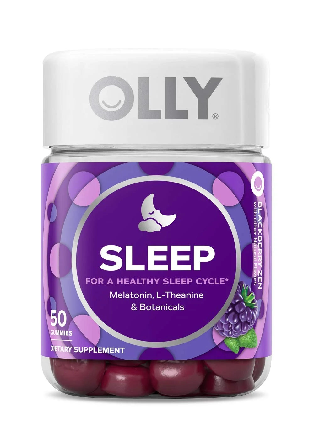 OLLY Sleep Gummy | 3mg Melatonin, L-Theanine, Chamomile, Lemon Balm | Drug-free Sleep Aid | Occasional Sleep Support | Blackberry Zen ~ 50 Gummies; Exp 05/2026