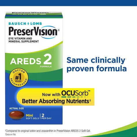 PreserVision AREDS 2 (By Bausch + Lomb) | Eye Vitamin & Mineral Supplement | 45 Day Supply | Contains Lutein, Vitamin C, Zeaxanthin, Copper, Zinc & Vitamin E | 90 Mini Softgels; Exp 09/2025