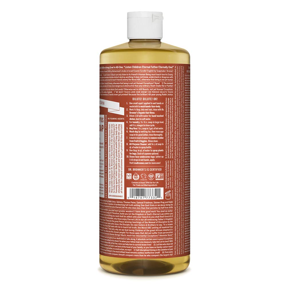 Dr. Bronner's 18-in-1 Hemp Eucalyptus Pure-Castile Liquid Soap | Made with Organic Oils, 18-in-1 Uses: Face, Body, Hair, Laundry, Pets & Dishes | Concentrated | 32oz/946ml