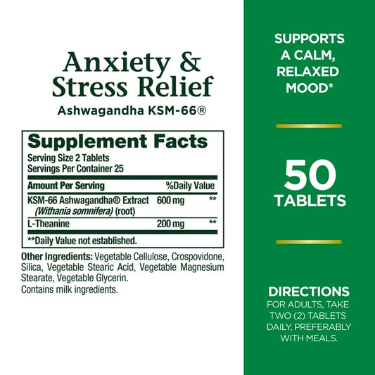 Nature’s Bounty Anxiety & Stress Relief | with Ashwagandha KSM 66 & L-Theanine | 50 Tablets; Exp 06/2028