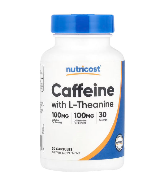 Nutricost Caffeine 100mg with L-Theanine 100mg | Stimulant | Promotes Calm & Energized Alertness | 30 Capsules; Exp 08/2027
