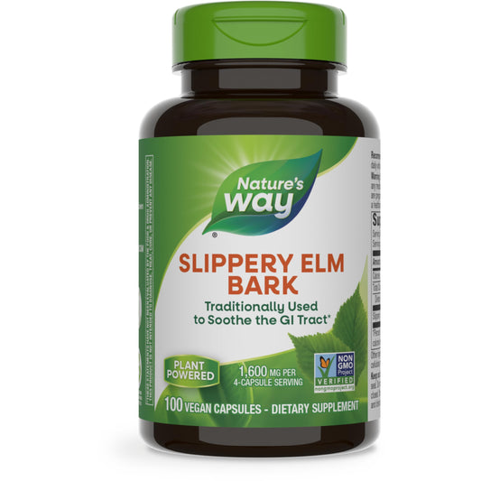 Nature's Way Slippery Elm Bark 400mg | Helps Coat & Soothe Gastrointestinal (GI) Tract | Helps with Acid Reflux | 100 Capsules; Exp 02/2029 (New Look)