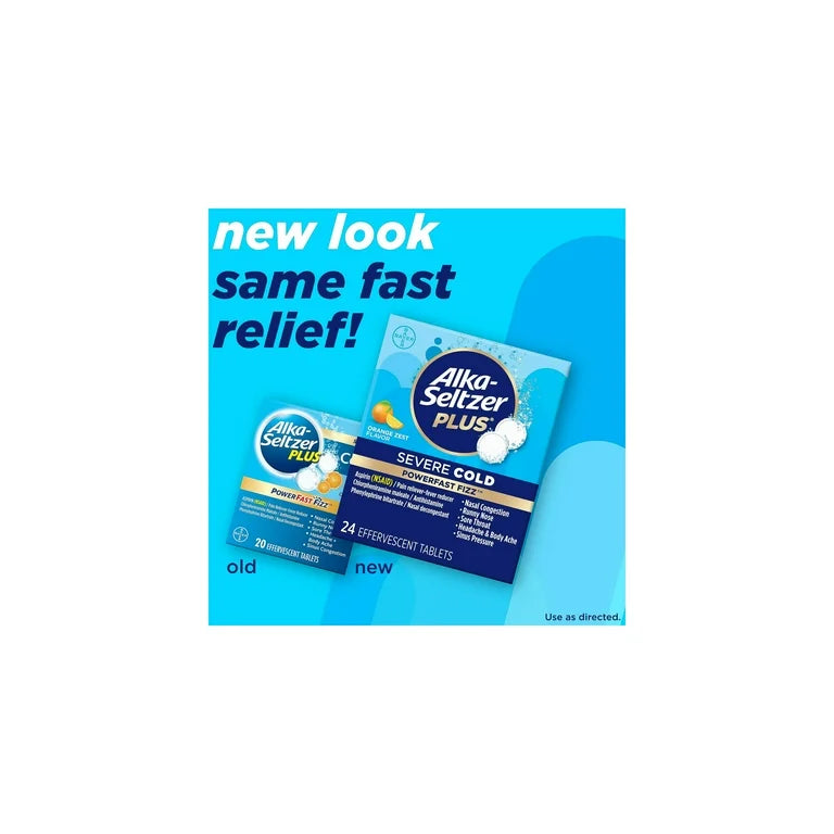 Alka-Seltzer (by Bayer) Plus Powerfast Fizz Severe Cold | Pain Reliever/Fever Reducer, Antihistamine, Nasal Decongestant | Orange Zest Flavor ~ 24 Effervescent Tablets; Exp JUL/2025