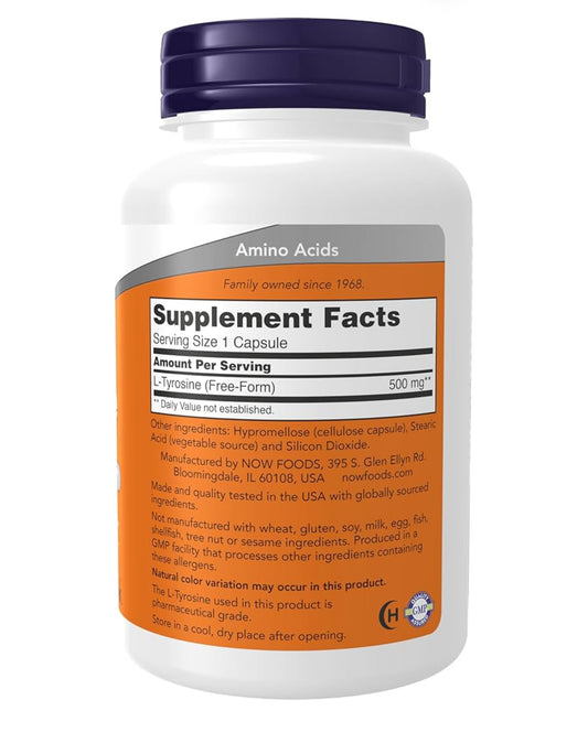 NOW L-Tyrosine 500mg | Supports Mental Alertness & Healthy Glandular Function | Neurotransmitter Support | 120 Capsules; Exp 06/2029