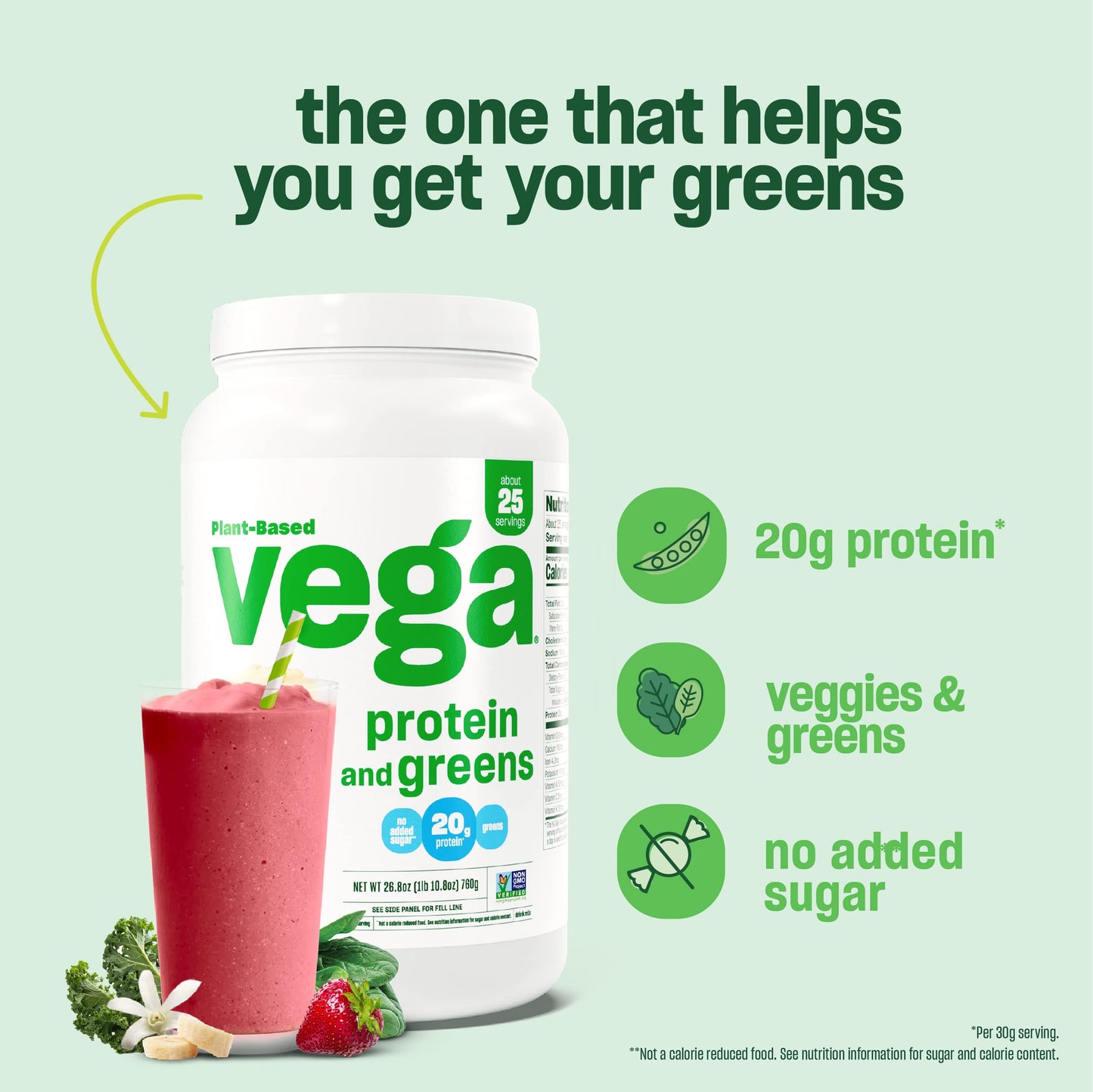 Vega Protein and Greens Protein Powder | 20g Plant Based Protein Plus Veggies | Vegan | Pea Protein for Women and Men | 18 Servings | VANILLA 1.2lbs/526g; Exp Aug/2025