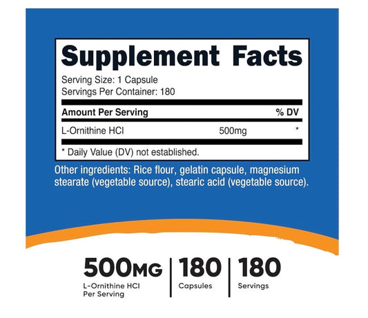 Nutricost L-Ornithine 500mg | Helps with Detoxification & Nitrogen Waste Removal | Lowers Stress Markers | Improves Mood & Sleep Quality | 180 Capsules; Exp 01/2029