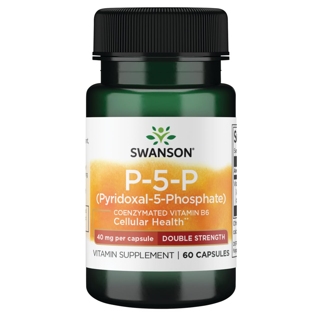 Swanson 40mg P-5-P (Pyridoxal-5-Phosphate) Coenzymated Vitamin B6 | Double Strength Formula P5P, 40mg Per Capsule | 60 Capsules; Exp 02/2027