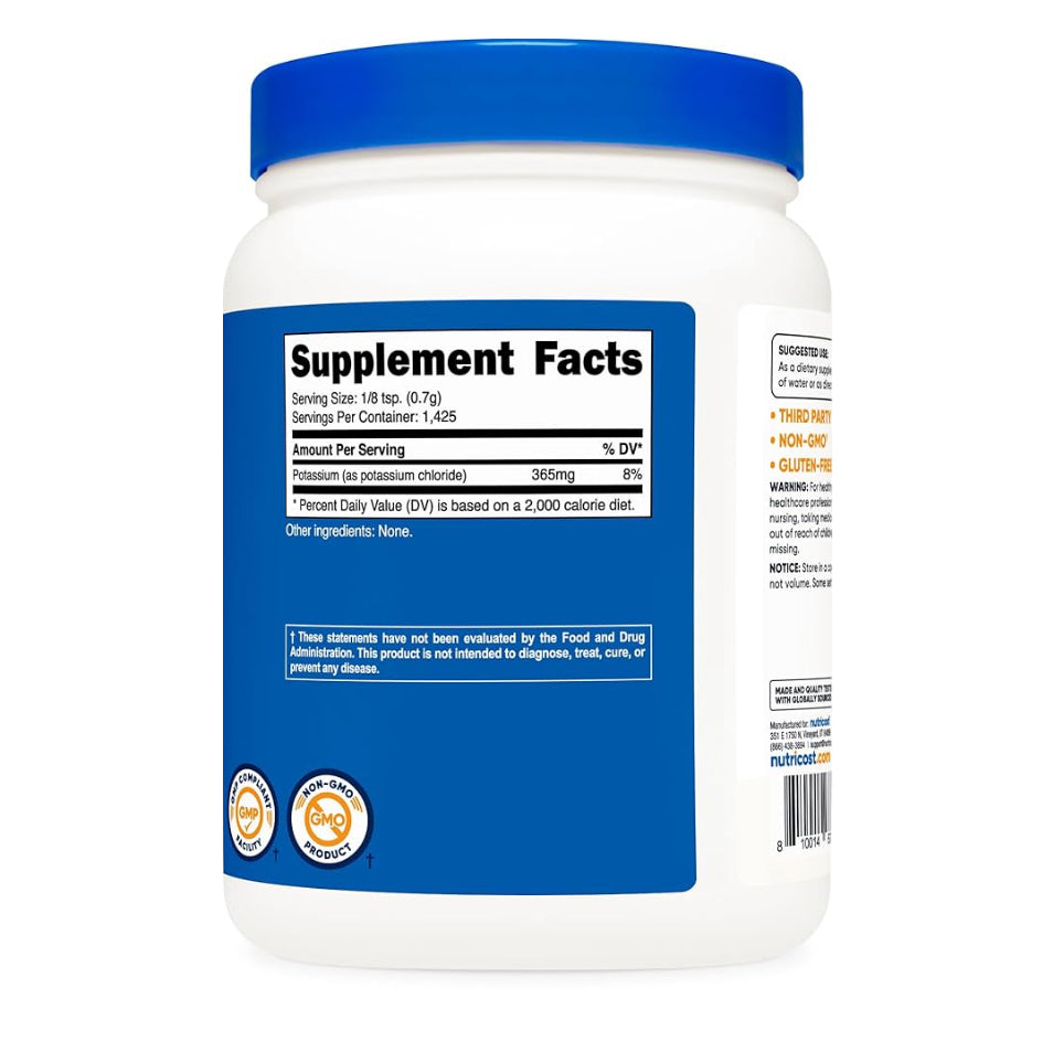 Nutricost Pure Potassium Chloride Powder | Low Sodium Salt Substitute | 365mg Of Potassium Per Serving (from Potassium chloride) | Unflavored~ 1 kg (2.2 lb); Exp 10/2027