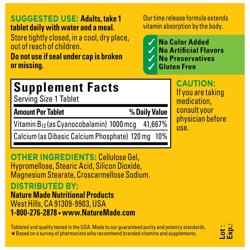 Nature Made Time Release Vitamin B12 1000mcg Cyanocobalamin | 75 Day Supply | For Energy Metabolism Support | Supports a Healthy Mood | 75 Tablets; Exp 02/2026