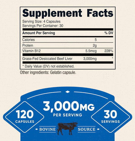 Nutricost Desiccated Beef Liver Capsules 3000mg (750mg Per Cap) | 100% Pure Defatted | Natural Source of Iron & Vitamin B 12 | No Hormones, Pasture-Raised, Free-Range Grass Fed Beef | 120 Capsules; Exp 07/2028