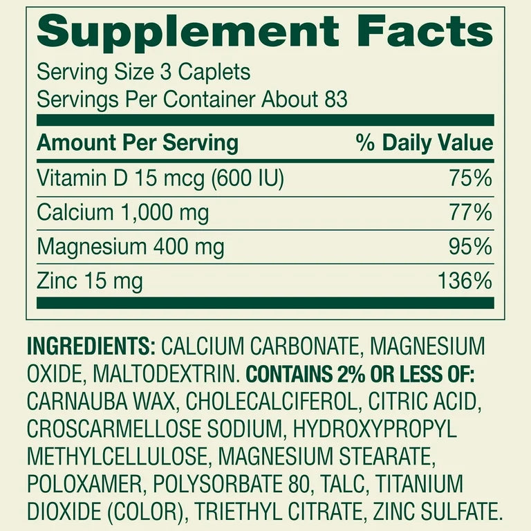 Spring Valley Calcium, Magnesium & Zinc Plus Vitamin D3 | Supports Bone & Muscle Health | 250 Caplets; Exp 03/2027 (New Look)