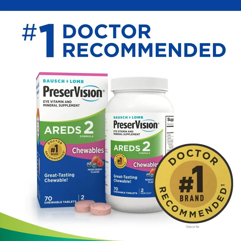 PreserVision AREDS 2 (by Bausch + Lomb - Eye Vitamin & Mineral Supplement | Contains Lutein, Vitamin C, Zeaxanthin, Zinc, Copper & Vitamin E | 70 Chewable Tablets; Exp 01/2026