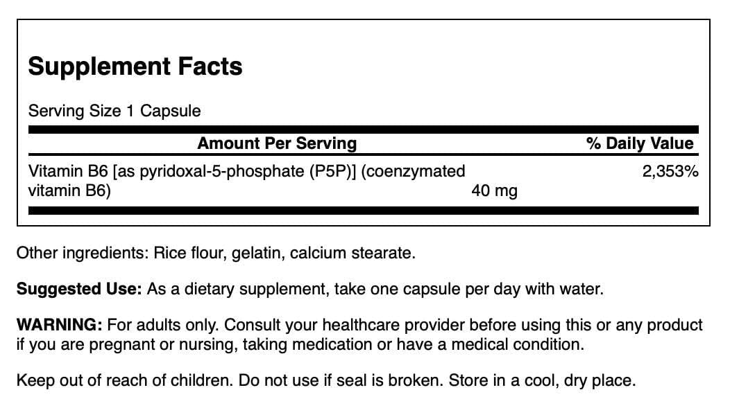 Swanson 40mg P-5-P (Pyridoxal-5-Phosphate) Coenzymated Vitamin B6 | Double Strength Formula P5P, 40mg Per Capsule | 60 Capsules; Exp 02/2027