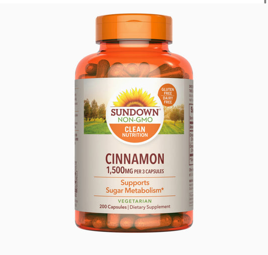 Sundown Cinnamon 1500mg | 3 Month Supply | Supports Sugar Metabolism | 200 Capsules; Exp 01/2026