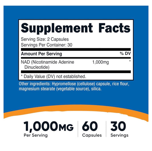Nutricost NAD+ 1000mg Nicotinamide Adenine Dinucleotide | Promotes Healthy Cellular Metabolism & Energy Production | Helps Fight General Fatigue & Promotes Longevity | 60 Capsules; Exp 04/2029