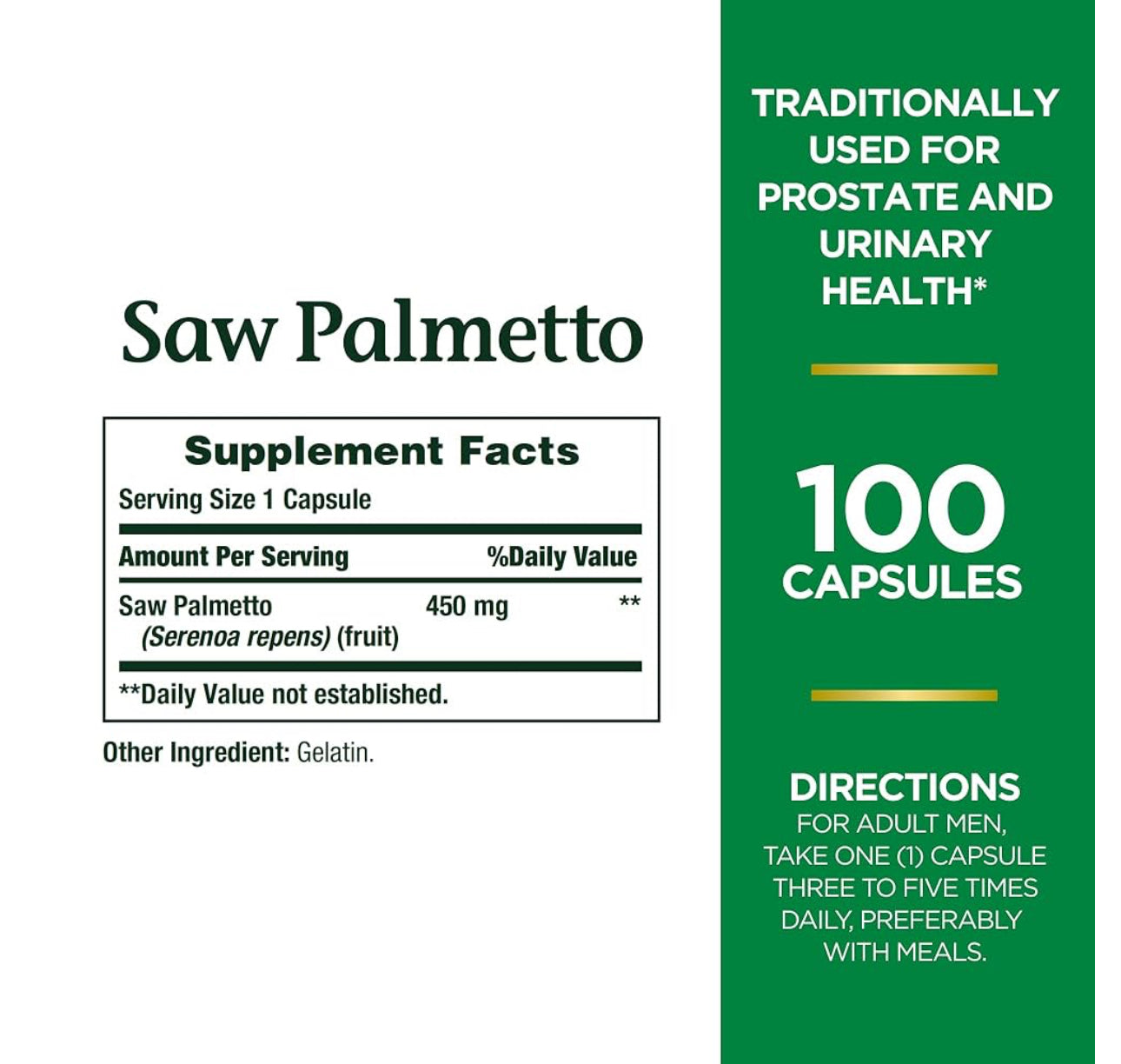 Nature's Bounty Saw Palmetto 450 mg | Prostate and Urinary Health | 100 Capsules; Exp 08/2026