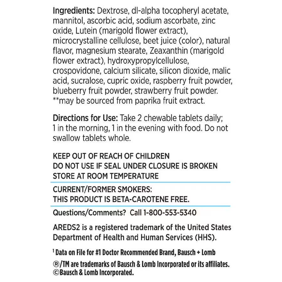 PreserVision AREDS 2 (by Bausch + Lomb - Eye Vitamin & Mineral Supplement | Contains Lutein, Vitamin C, Zeaxanthin, Zinc, Copper & Vitamin E | 60 Chewable Tablets; Exp 08/2025